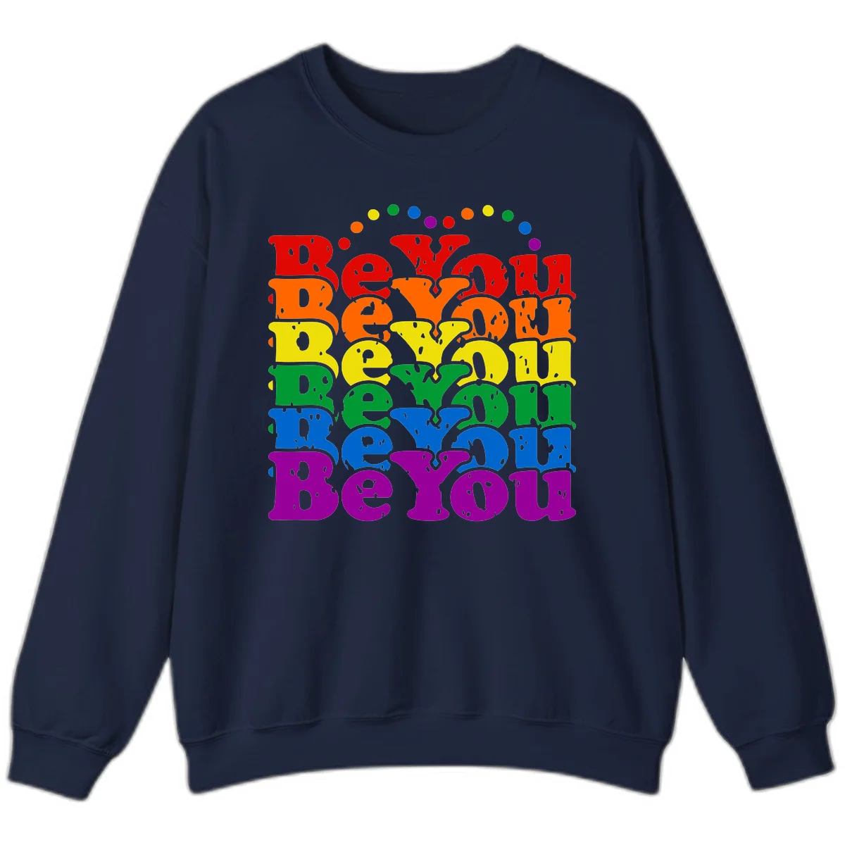 Stacked rainbow-colored letters spelling 'Beyond The Rainbow' with grunge texture and floating colorful circles, pride celebration design in Navy