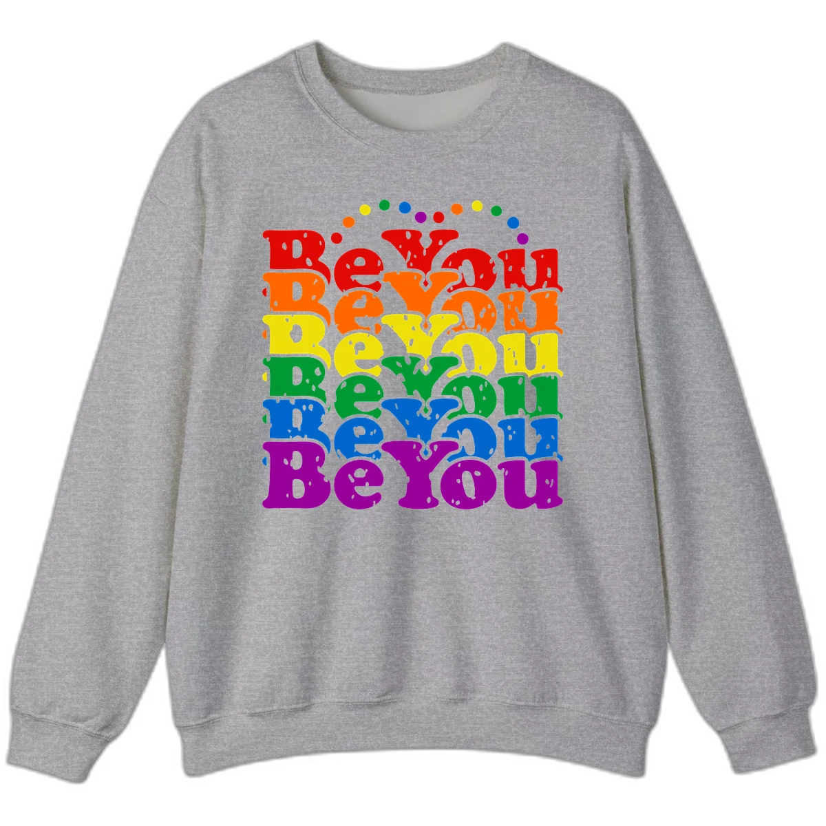 Stacked rainbow-colored letters spelling 'Beyond The Rainbow' with grunge texture and floating colorful circles, pride celebration design in Sport Grey