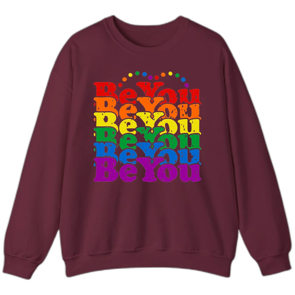 Stacked rainbow-colored letters spelling 'Beyond The Rainbow' with grunge texture and floating colorful circles, pride celebration design in Maroon