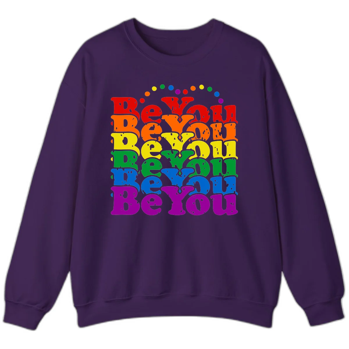 Stacked rainbow-colored letters spelling 'Beyond The Rainbow' with grunge texture and floating colorful circles, pride celebration design in Purple