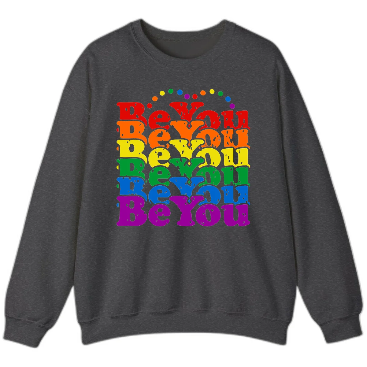 Stacked rainbow-colored letters spelling 'Beyond The Rainbow' with grunge texture and floating colorful circles, pride celebration design in Dark Heather