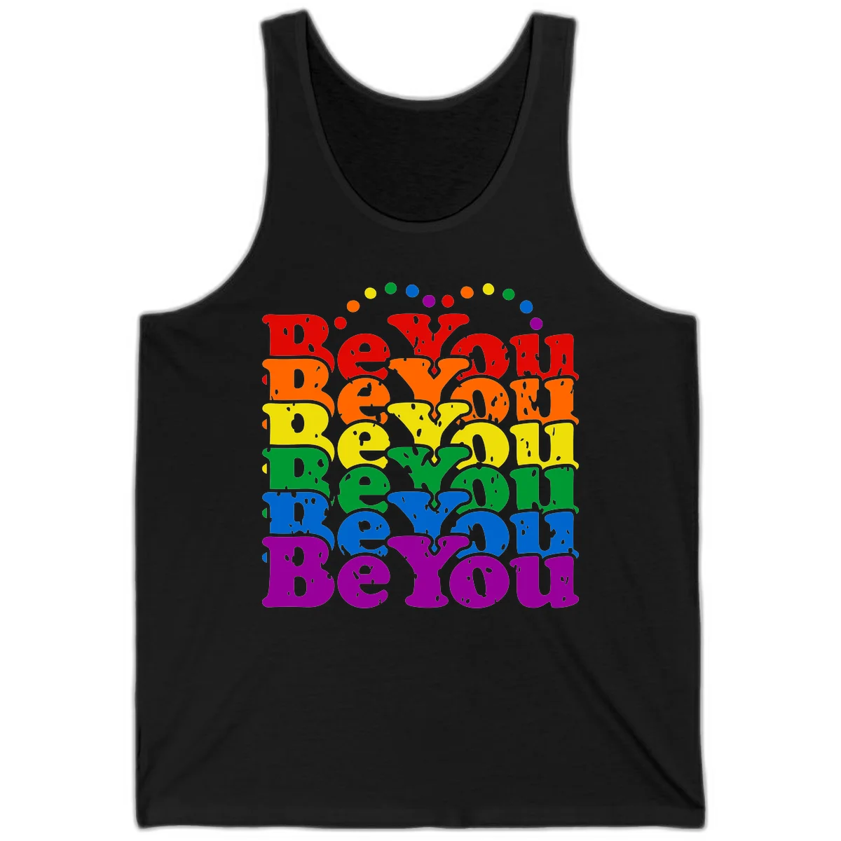 Stacked rainbow-colored letters spelling 'Beyond The Rainbow' with grunge texture and floating colorful circles, pride celebration design in Black