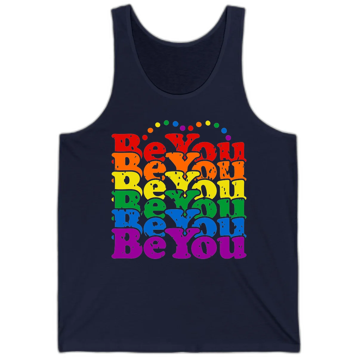 Stacked rainbow-colored letters spelling 'Beyond The Rainbow' with grunge texture and floating colorful circles, pride celebration design in Navy