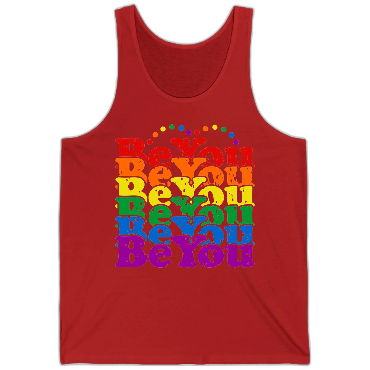 Stacked rainbow-colored letters spelling 'Beyond The Rainbow' with grunge texture and floating colorful circles, pride celebration design in Red