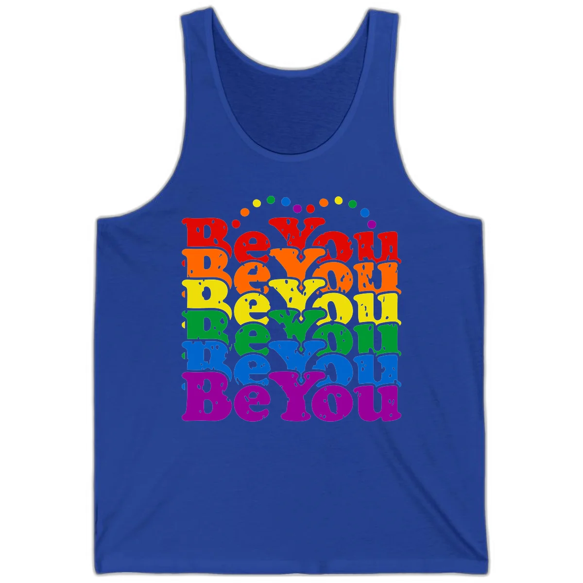 Stacked rainbow-colored letters spelling 'Beyond The Rainbow' with grunge texture and floating colorful circles, pride celebration design in True Royal