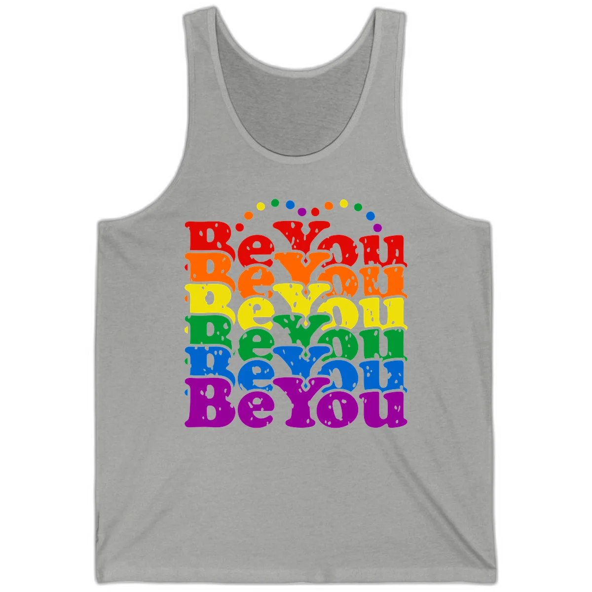 Stacked rainbow-colored letters spelling 'Beyond The Rainbow' with grunge texture and floating colorful circles, pride celebration design in Athletic Heather