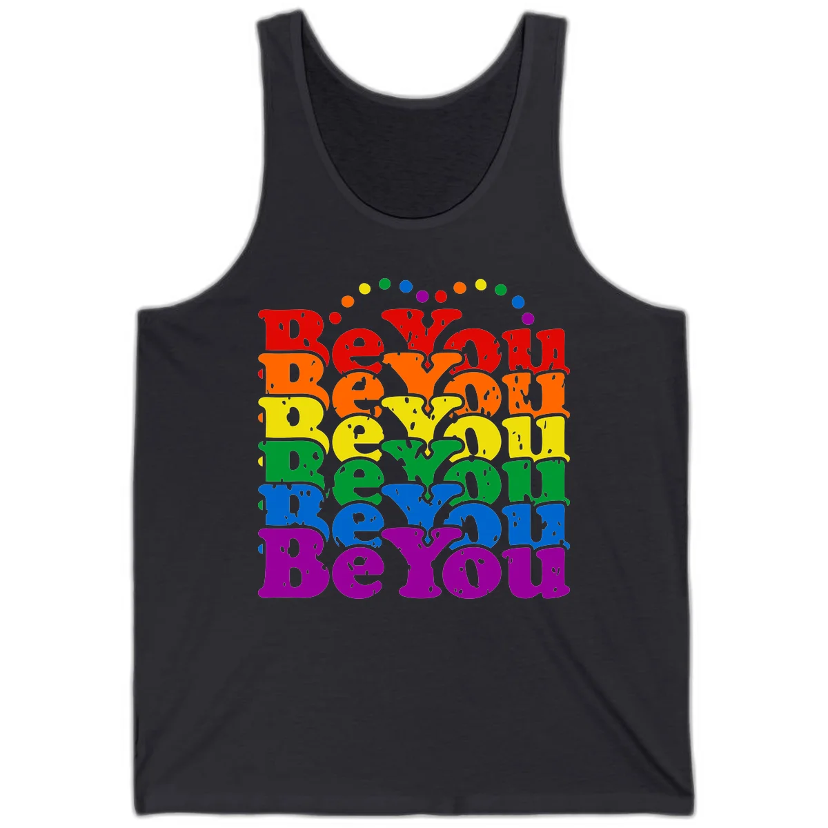 Stacked rainbow-colored letters spelling 'Beyond The Rainbow' with grunge texture and floating colorful circles, pride celebration design in Dark Grey