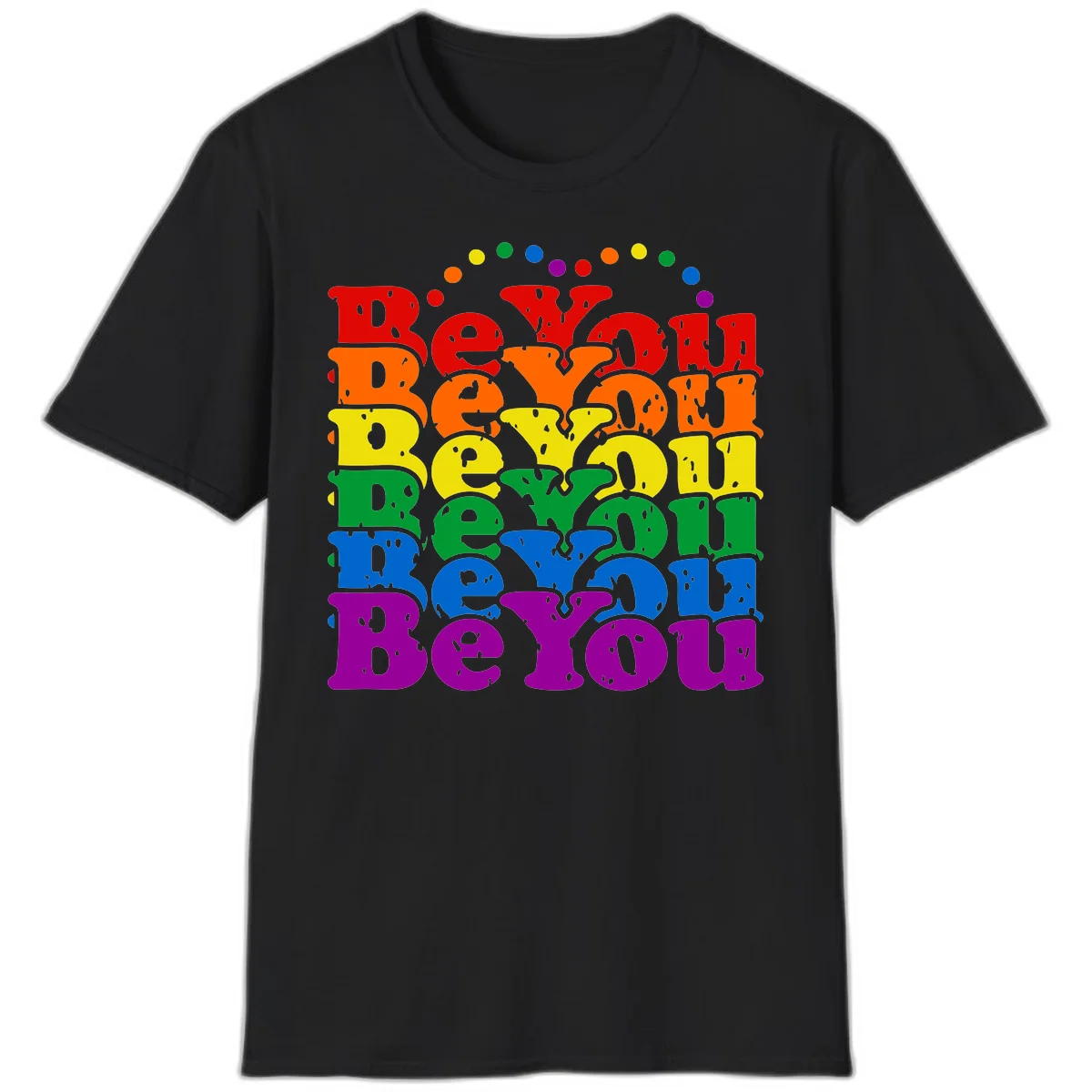 Stacked rainbow-colored letters spelling 'Beyond The Rainbow' with grunge texture and floating colorful circles, pride celebration design in Black