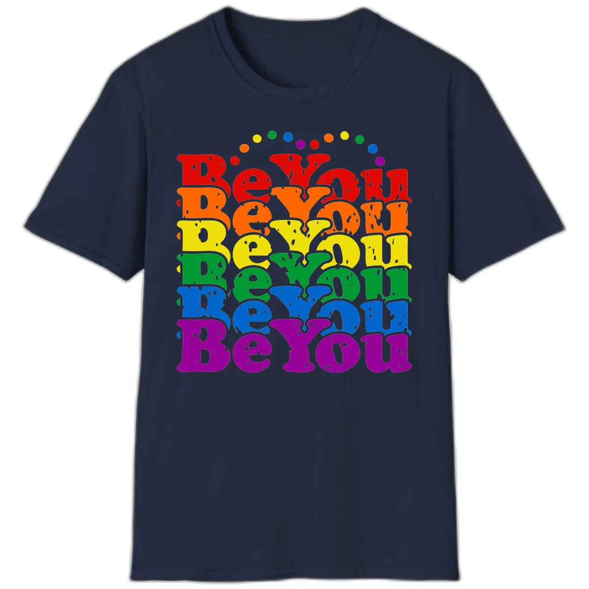 Stacked rainbow-colored letters spelling 'Beyond The Rainbow' with grunge texture and floating colorful circles, pride celebration design in Navy
