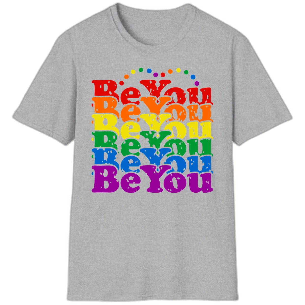 Stacked rainbow-colored letters spelling 'Beyond The Rainbow' with grunge texture and floating colorful circles, pride celebration design in Sport Grey