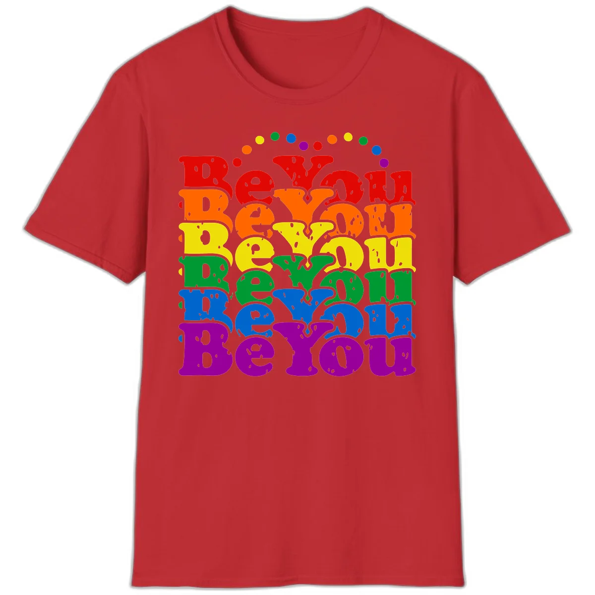Stacked rainbow-colored letters spelling 'Beyond The Rainbow' with grunge texture and floating colorful circles, pride celebration design in Red