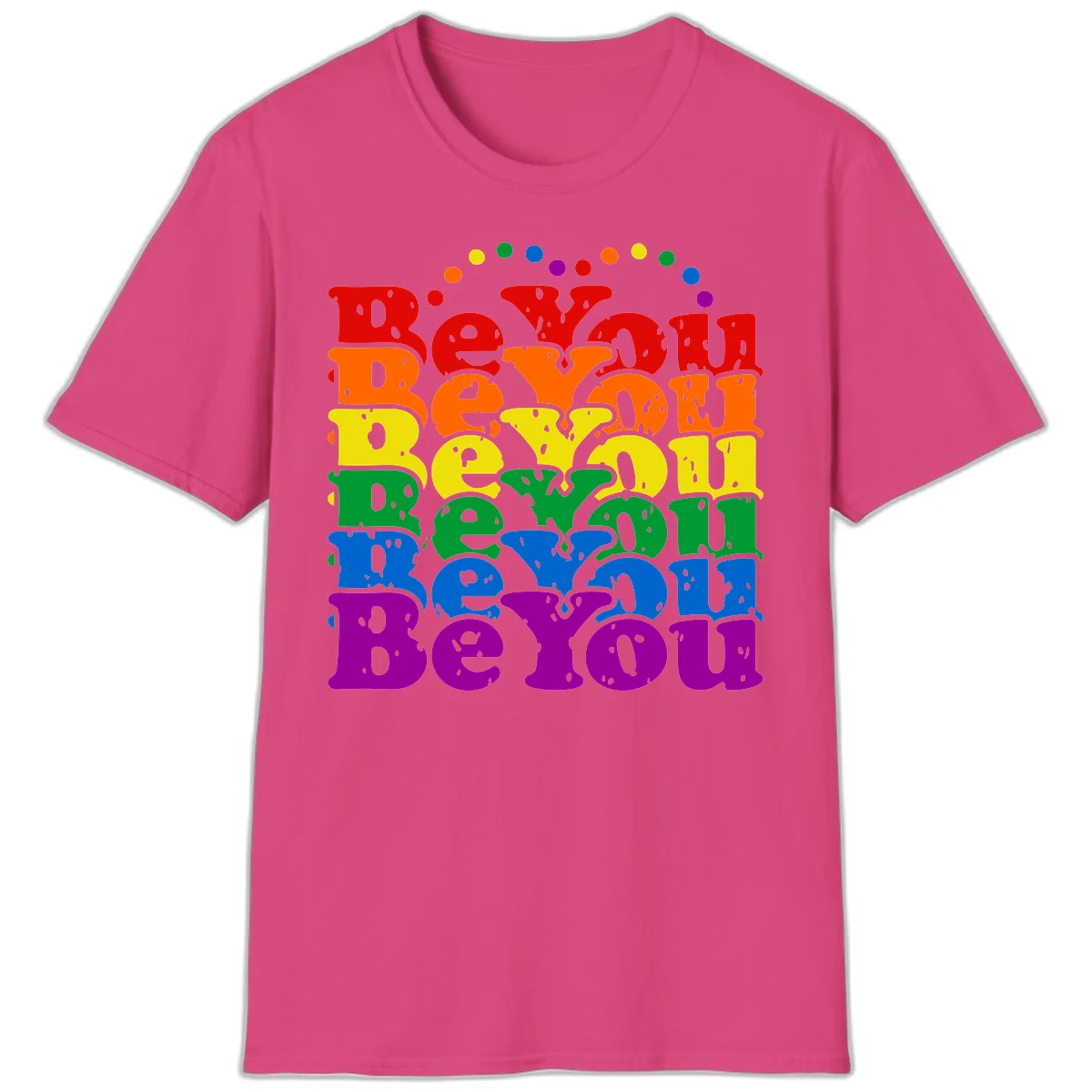 Stacked rainbow-colored letters spelling 'Beyond The Rainbow' with grunge texture and floating colorful circles, pride celebration design in Heliconia