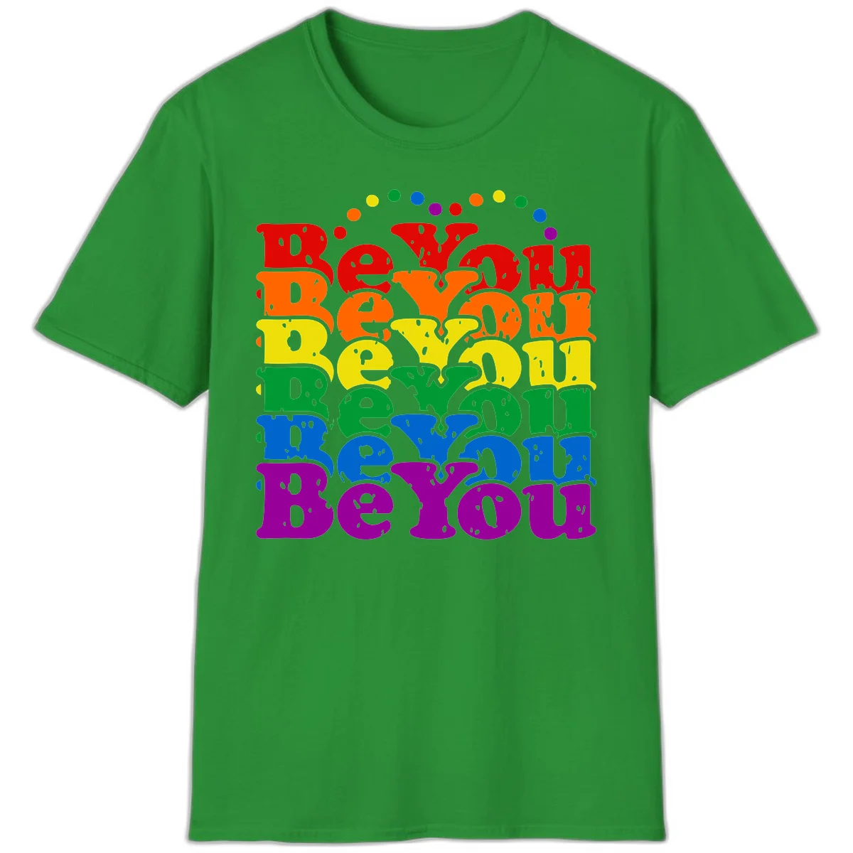 Stacked rainbow-colored letters spelling 'Beyond The Rainbow' with grunge texture and floating colorful circles, pride celebration design in Irish Green