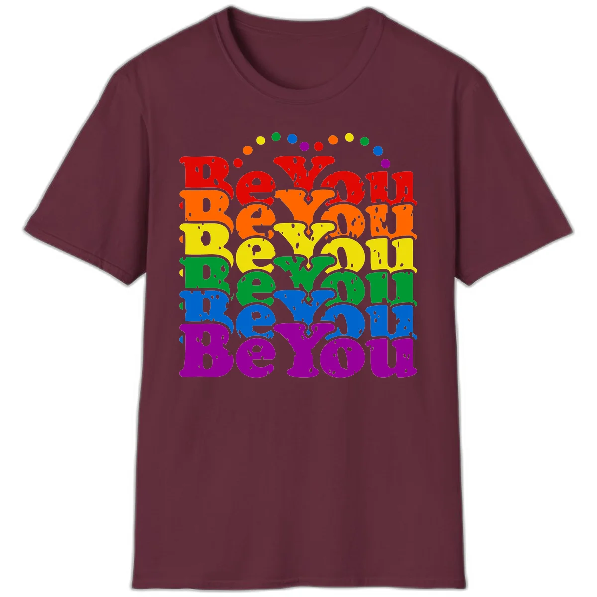 Stacked rainbow-colored letters spelling 'Beyond The Rainbow' with grunge texture and floating colorful circles, pride celebration design in Maroon
