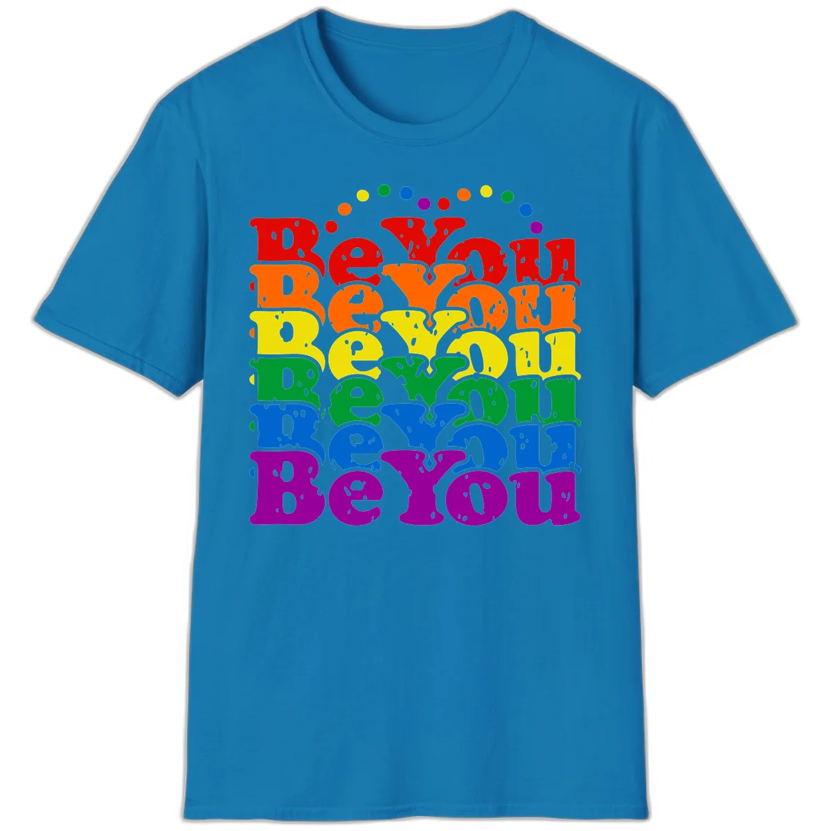 Stacked rainbow-colored letters spelling 'Beyond The Rainbow' with grunge texture and floating colorful circles, pride celebration design in Sapphire