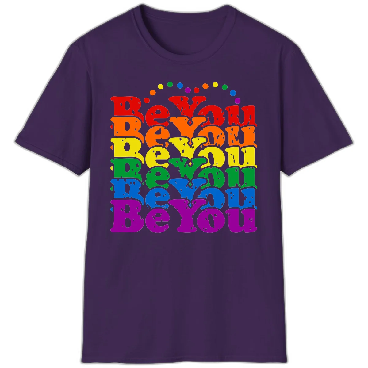 Stacked rainbow-colored letters spelling 'Beyond The Rainbow' with grunge texture and floating colorful circles, pride celebration design in Purple