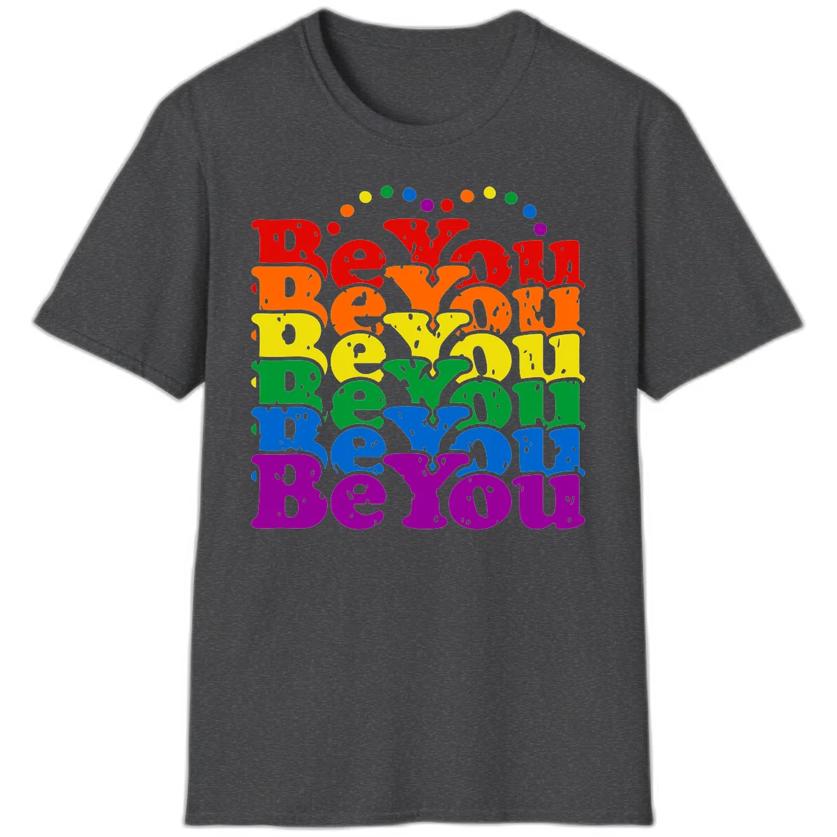 Stacked rainbow-colored letters spelling 'Beyond The Rainbow' with grunge texture and floating colorful circles, pride celebration design in Dark Heather