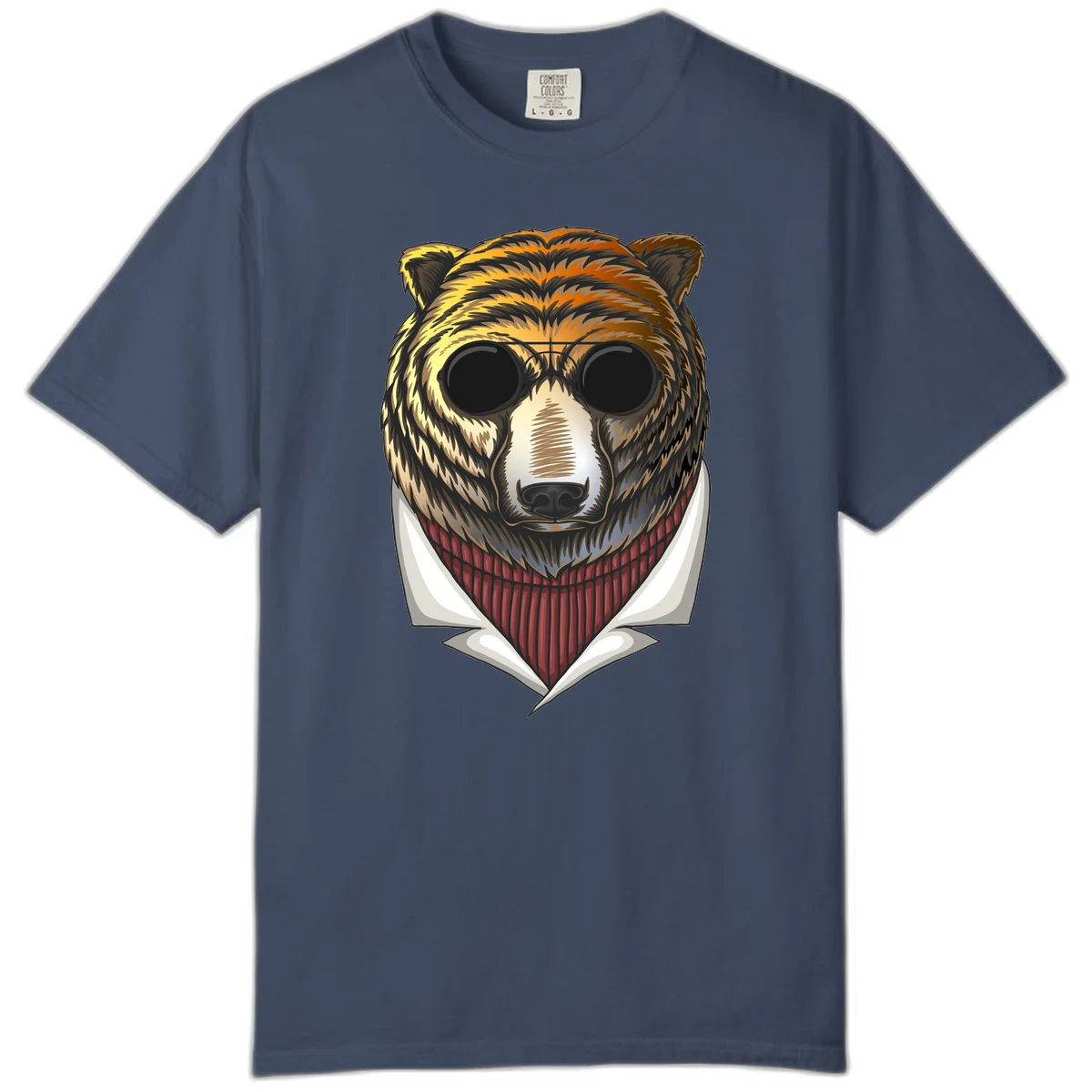 Cool bear wearing dark sunglasses and red knit sweater with white collar, stylized illustration with yellow, orange, and brown fur tones in Midnight