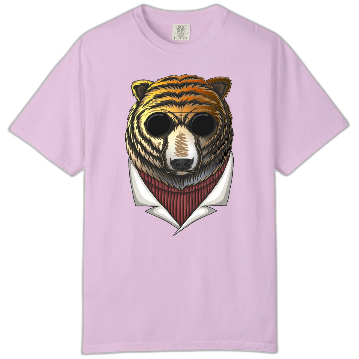 Cool bear wearing dark sunglasses and red knit sweater with white collar, stylized illustration with yellow, orange, and brown fur tones in Orchid