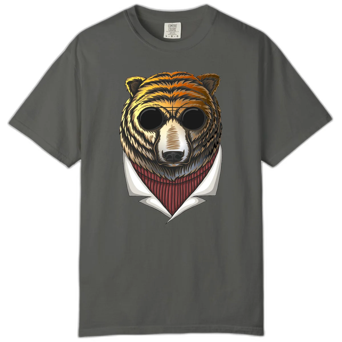 Cool bear wearing dark sunglasses and red knit sweater with white collar, stylized illustration with yellow, orange, and brown fur tones in Pepper