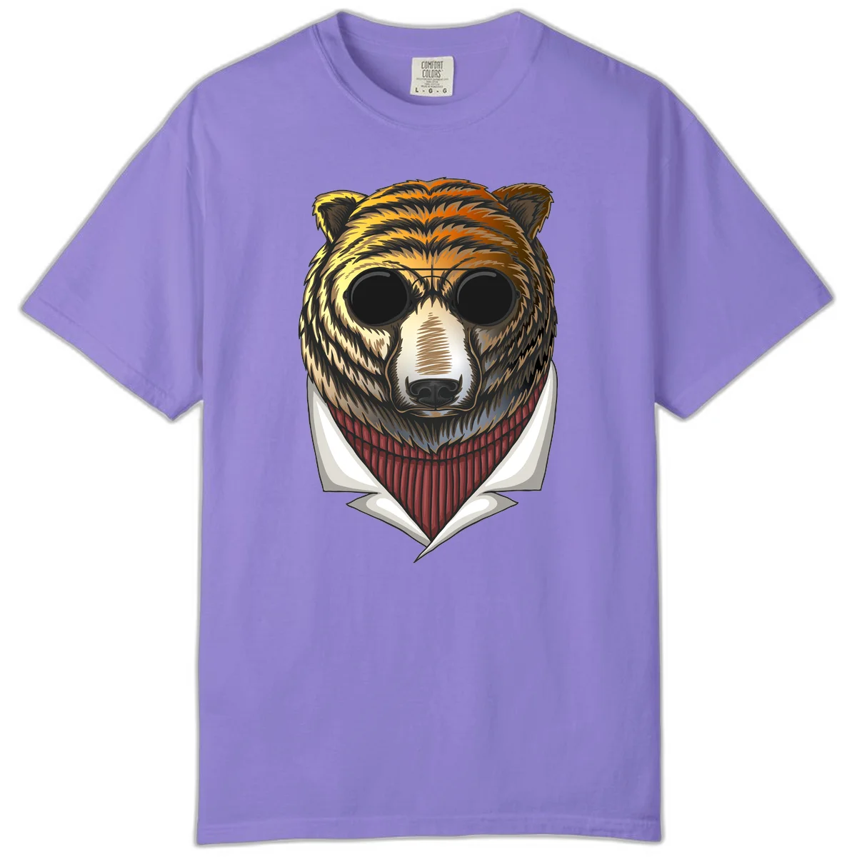 Cool bear wearing dark sunglasses and red knit sweater with white collar, stylized illustration with yellow, orange, and brown fur tones in Violet