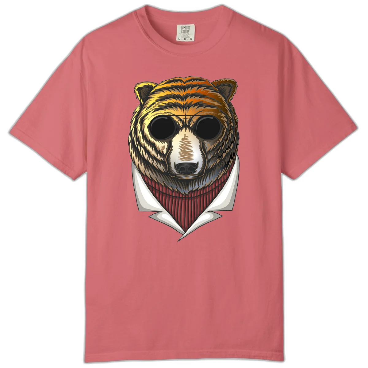 Cool bear wearing dark sunglasses and red knit sweater with white collar, stylized illustration with yellow, orange, and brown fur tones in Watermelon