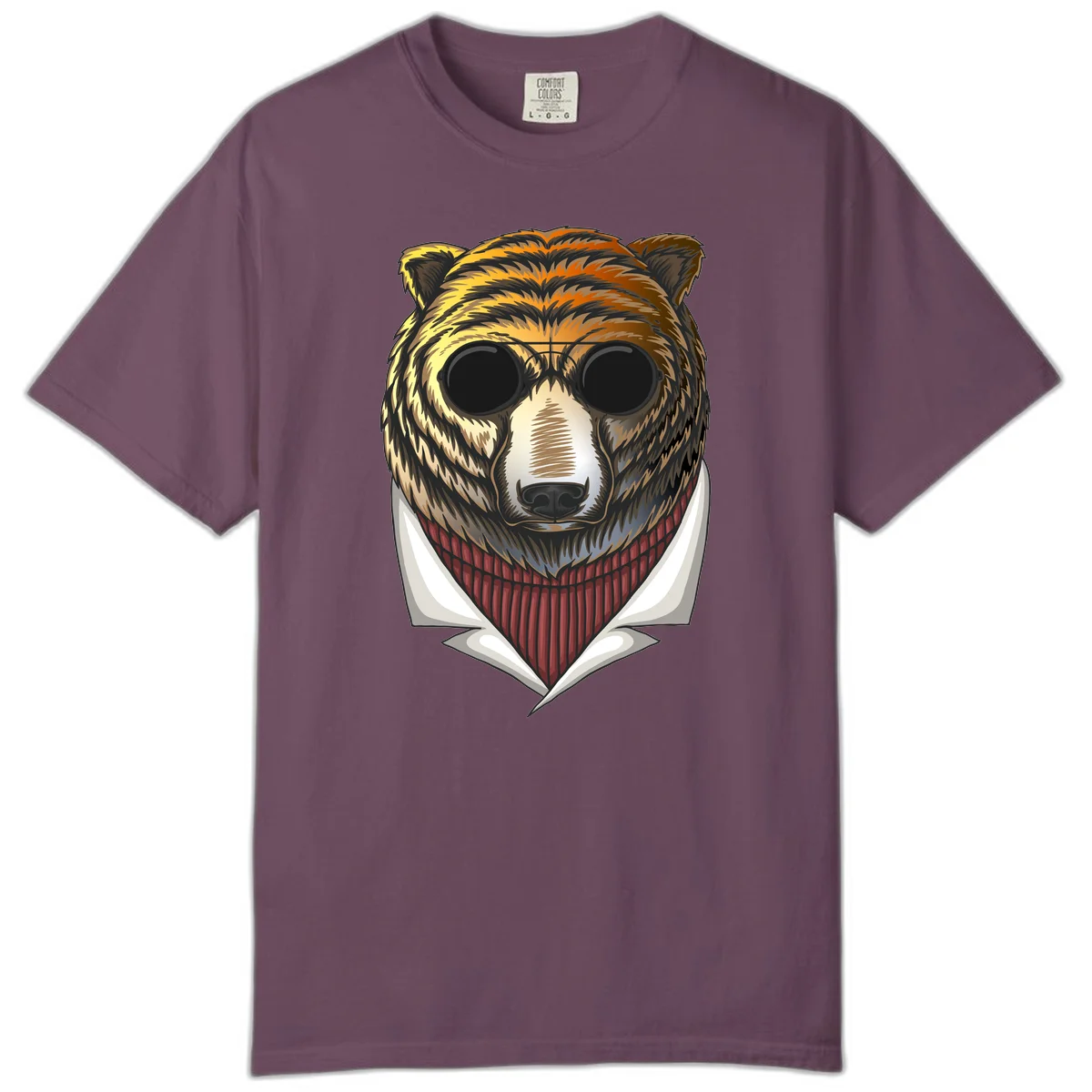 Cool bear wearing dark sunglasses and red knit sweater with white collar, stylized illustration with yellow, orange, and brown fur tones in Berry