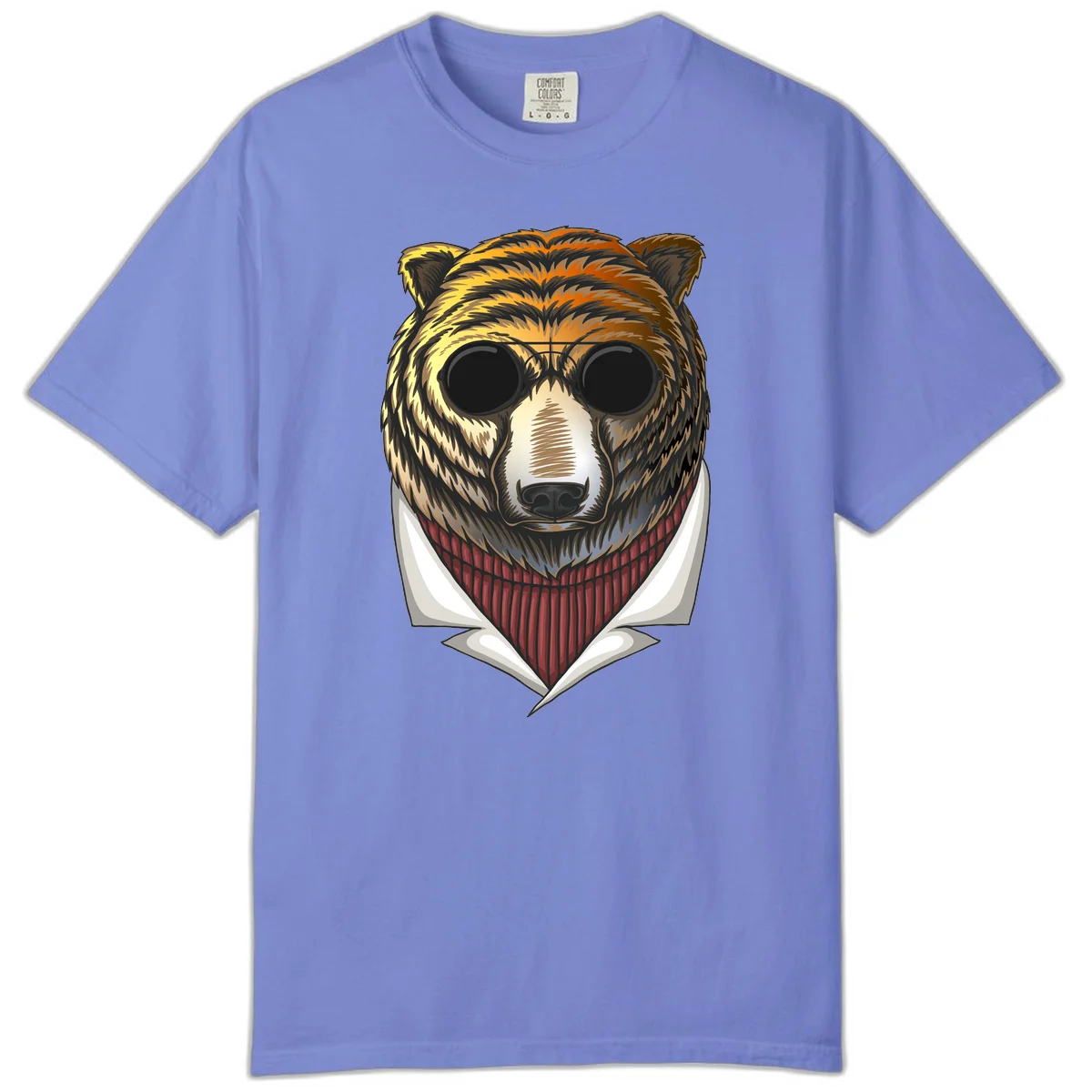 Cool bear wearing dark sunglasses and red knit sweater with white collar, stylized illustration with yellow, orange, and brown fur tones in Flo Blue