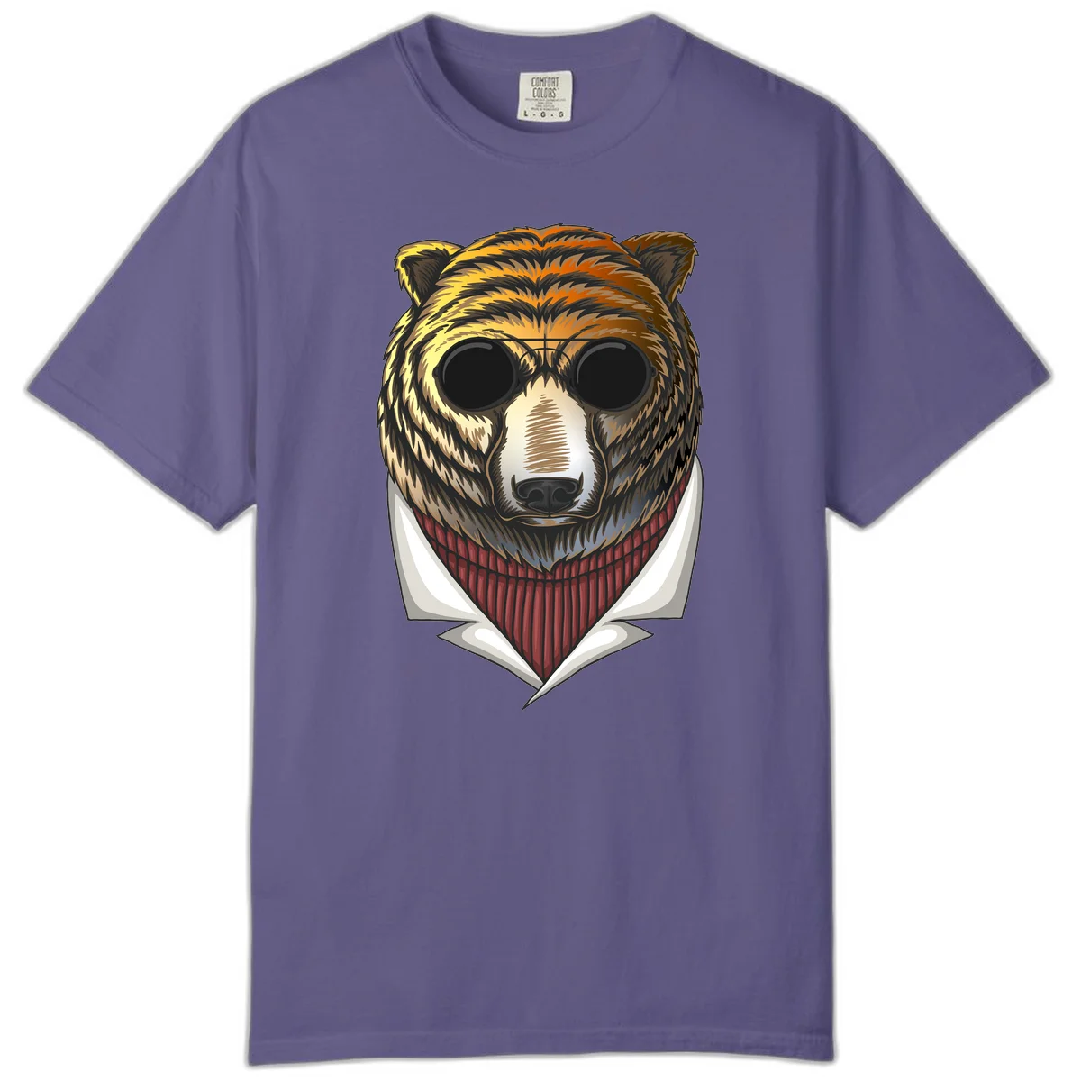 Cool bear wearing dark sunglasses and red knit sweater with white collar, stylized illustration with yellow, orange, and brown fur tones in Grape