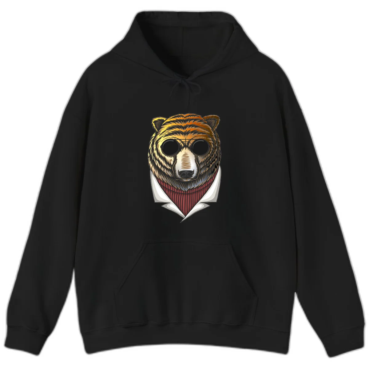 Cool bear wearing dark sunglasses and red knit sweater with white collar, stylized illustration with yellow, orange, and brown fur tones in Black