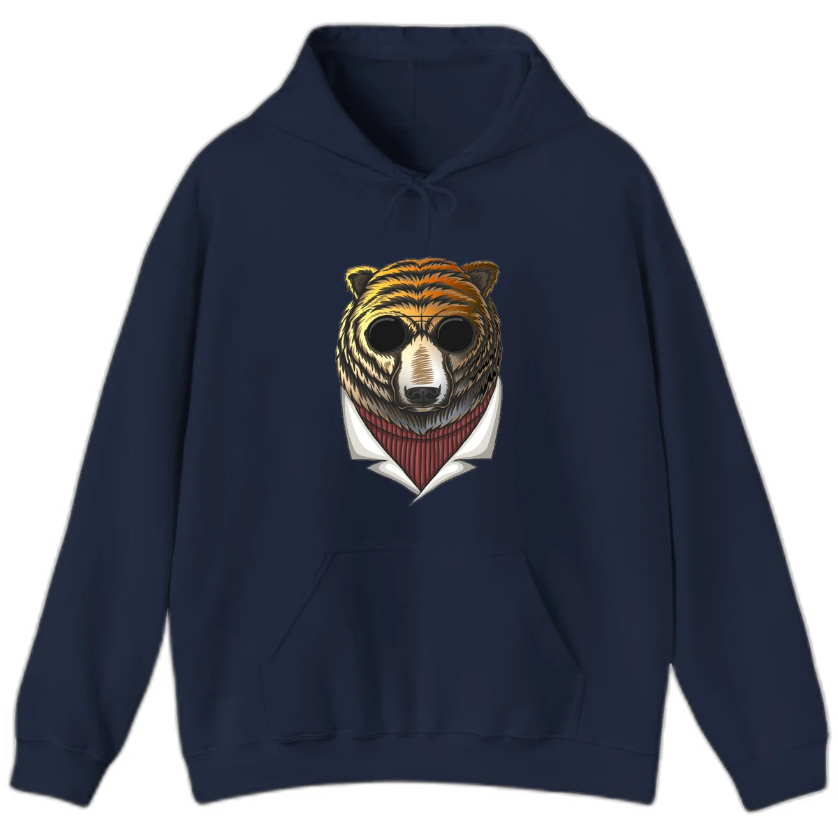 Cool bear wearing dark sunglasses and red knit sweater with white collar, stylized illustration with yellow, orange, and brown fur tones in Navy