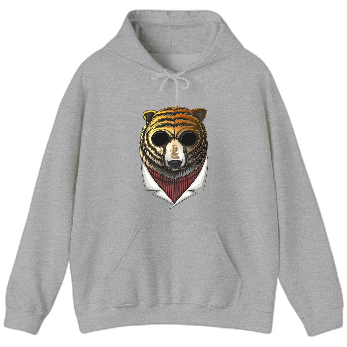 Cool bear wearing dark sunglasses and red knit sweater with white collar, stylized illustration with yellow, orange, and brown fur tones in Sport Grey