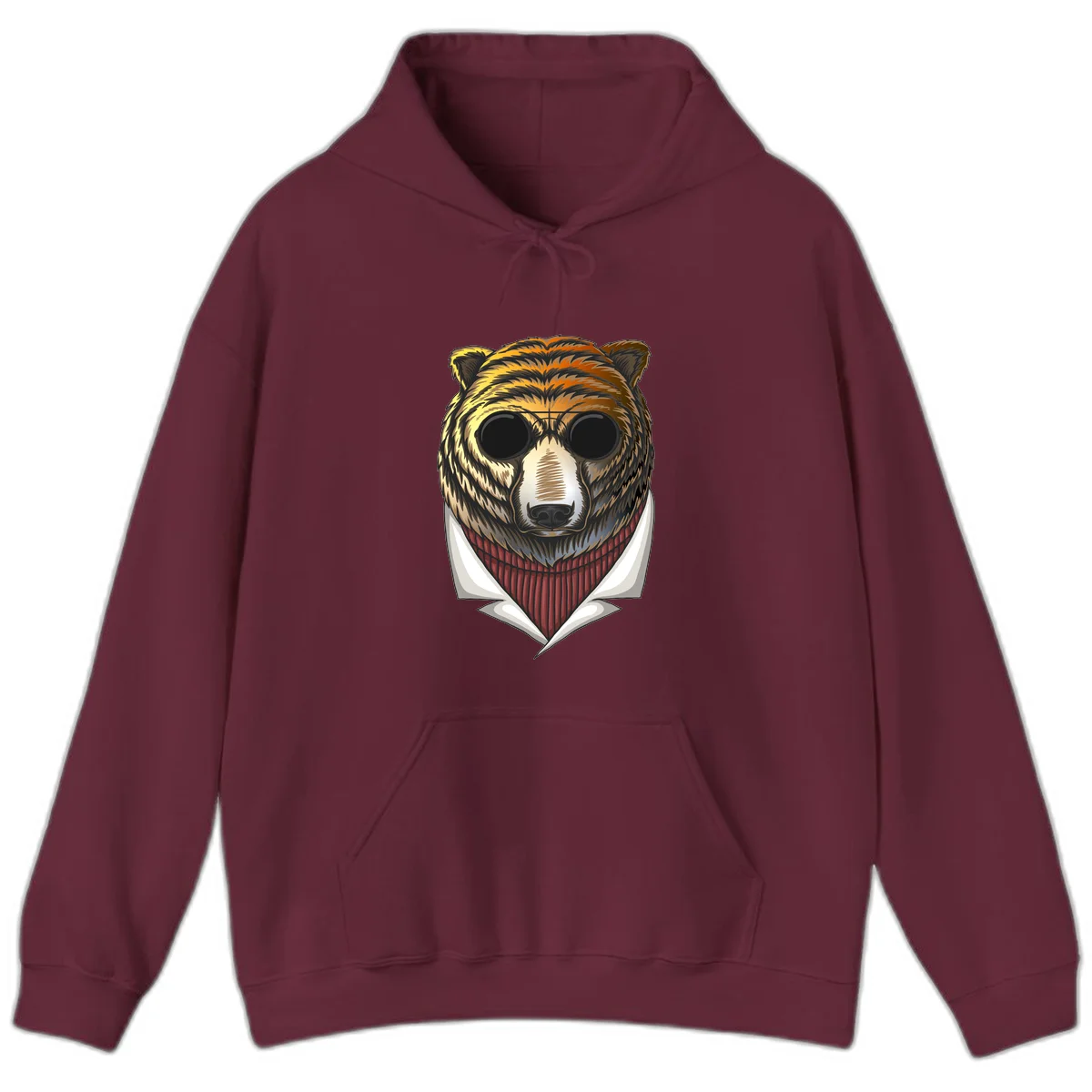 Cool bear wearing dark sunglasses and red knit sweater with white collar, stylized illustration with yellow, orange, and brown fur tones in Maroon