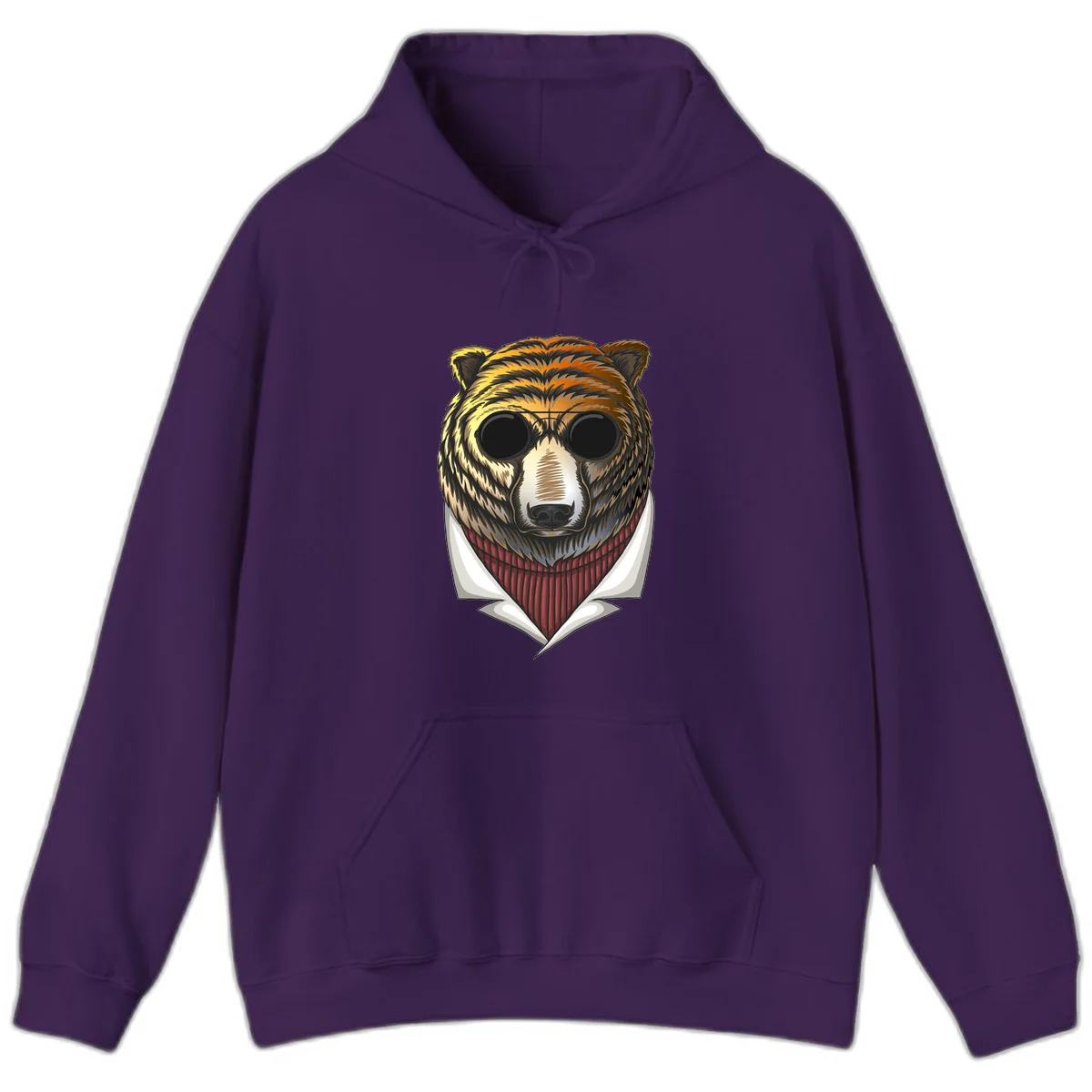 Cool bear wearing dark sunglasses and red knit sweater with white collar, stylized illustration with yellow, orange, and brown fur tones in Purple