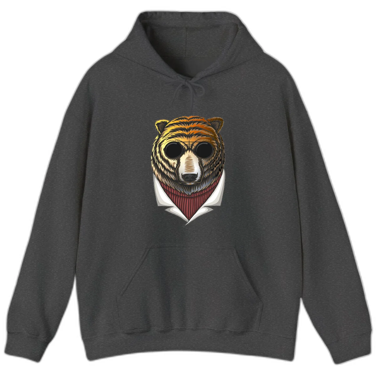 Cool bear wearing dark sunglasses and red knit sweater with white collar, stylized illustration with yellow, orange, and brown fur tones in Dark Heather