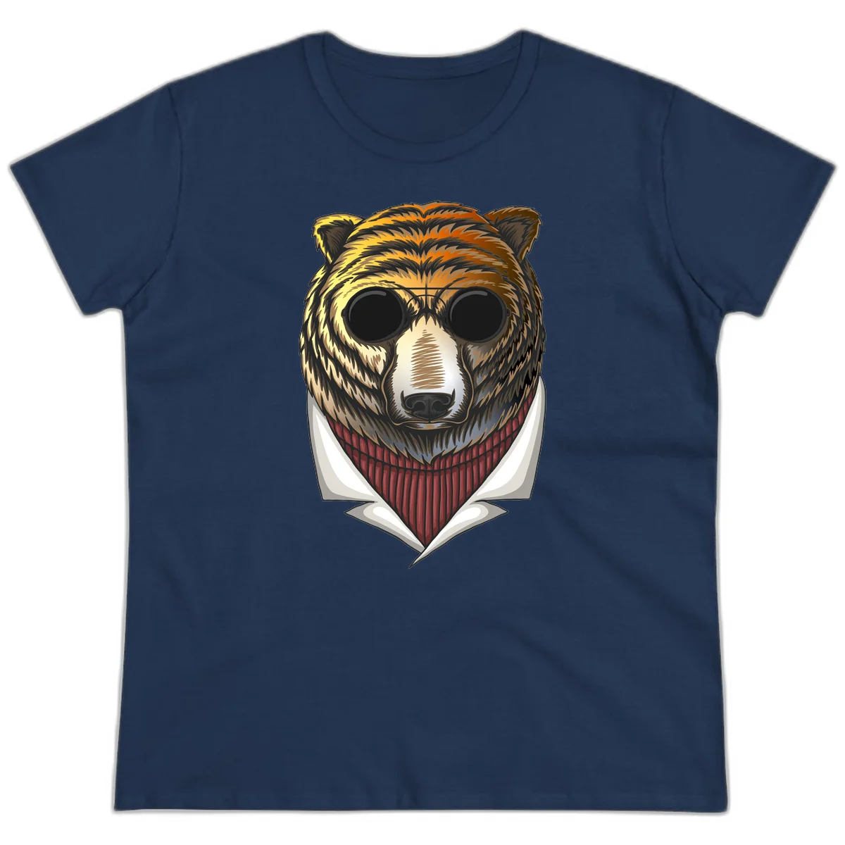 Cool bear wearing dark sunglasses and red knit sweater with white collar, stylized illustration with yellow, orange, and brown fur tones in Navy