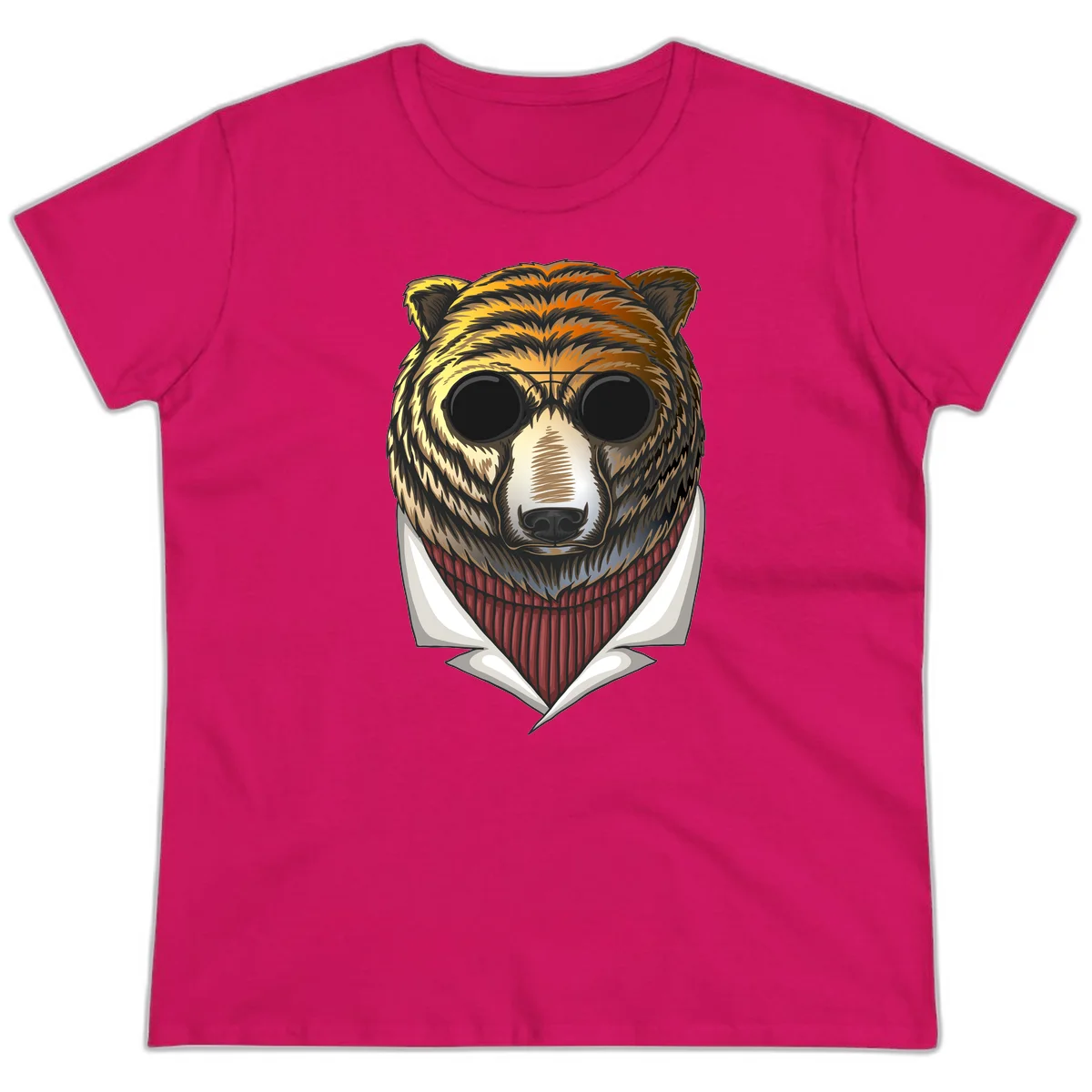 Cool bear wearing dark sunglasses and red knit sweater with white collar, stylized illustration with yellow, orange, and brown fur tones in Heliconia