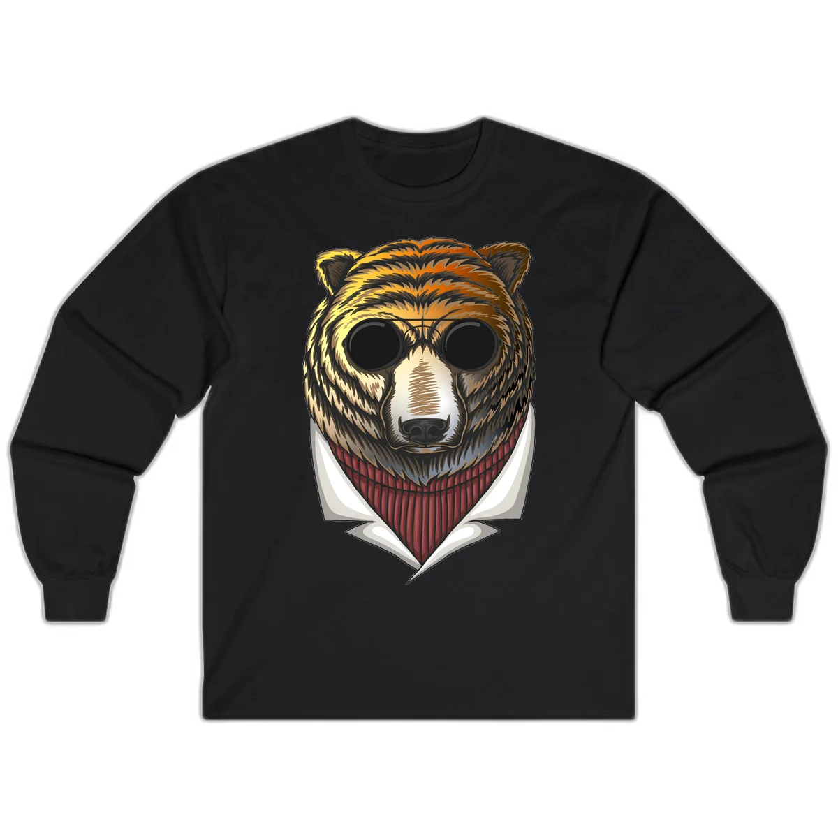 Cool bear wearing dark sunglasses and red knit sweater with white collar, stylized illustration with yellow, orange, and brown fur tones in Black