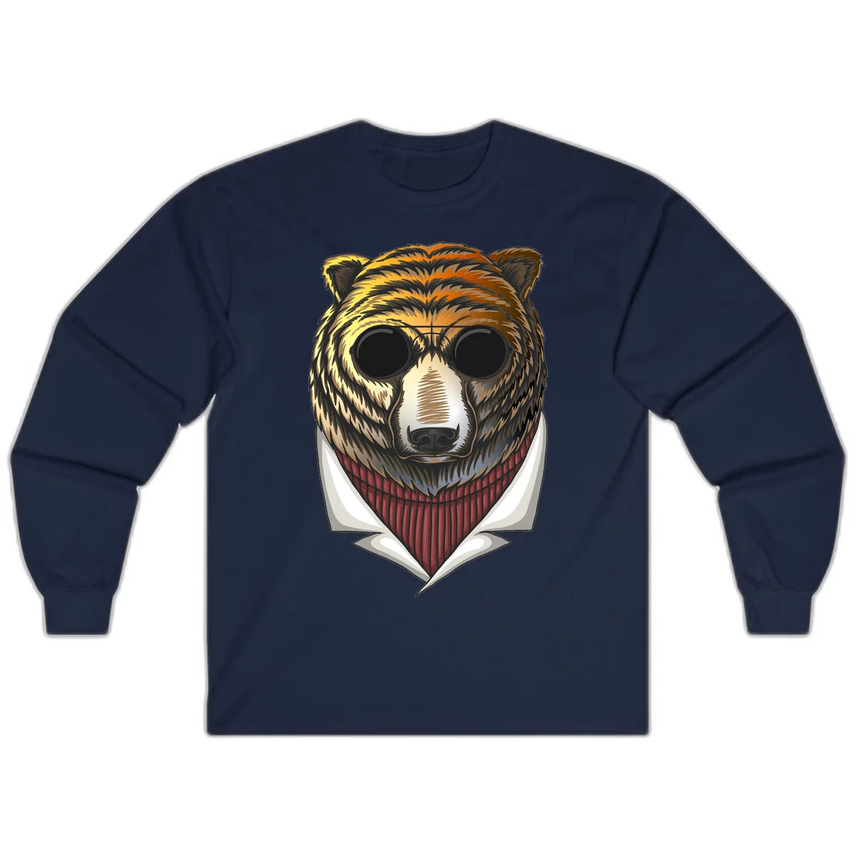 Cool bear wearing dark sunglasses and red knit sweater with white collar, stylized illustration with yellow, orange, and brown fur tones in Navy