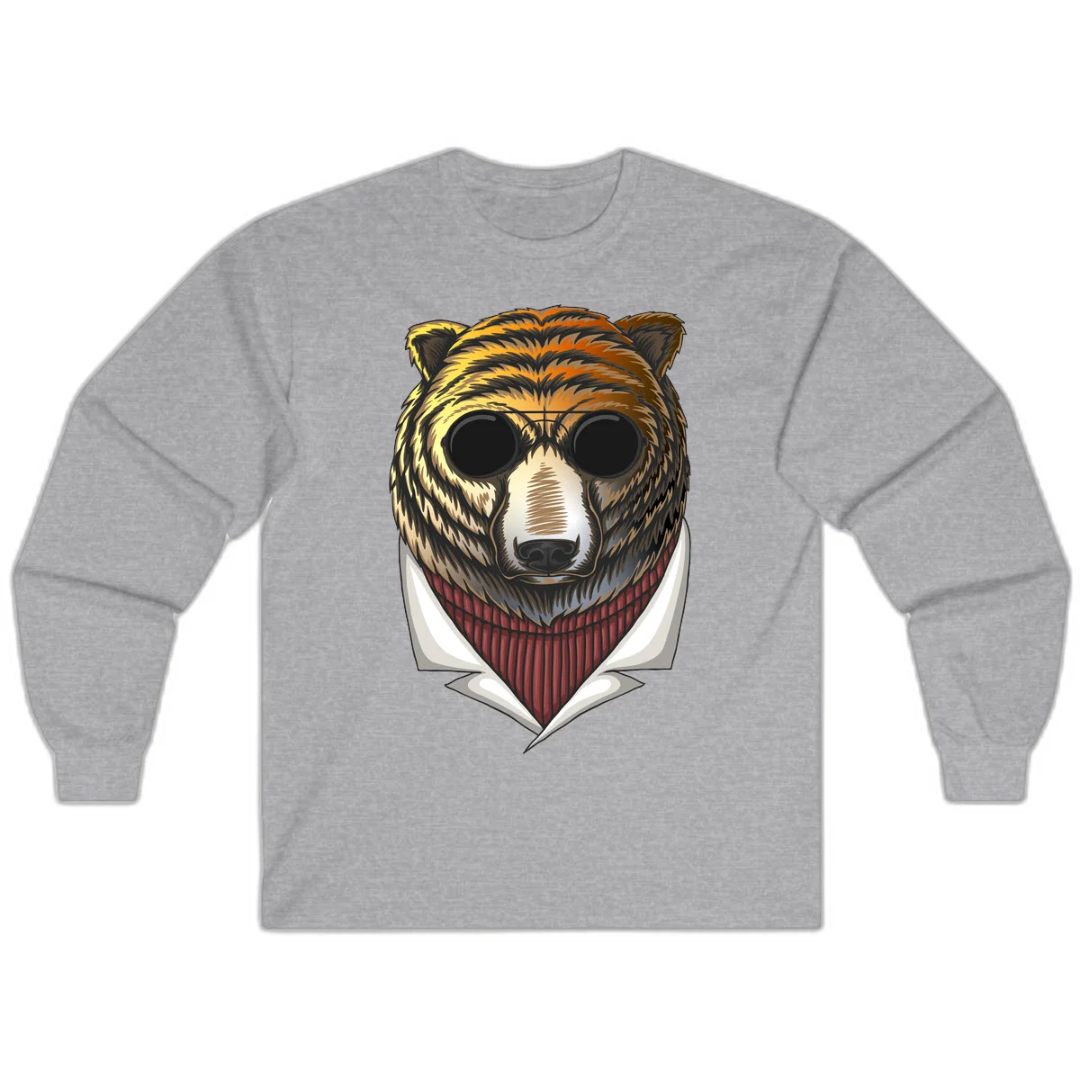 Cool bear wearing dark sunglasses and red knit sweater with white collar, stylized illustration with yellow, orange, and brown fur tones in Sport Grey