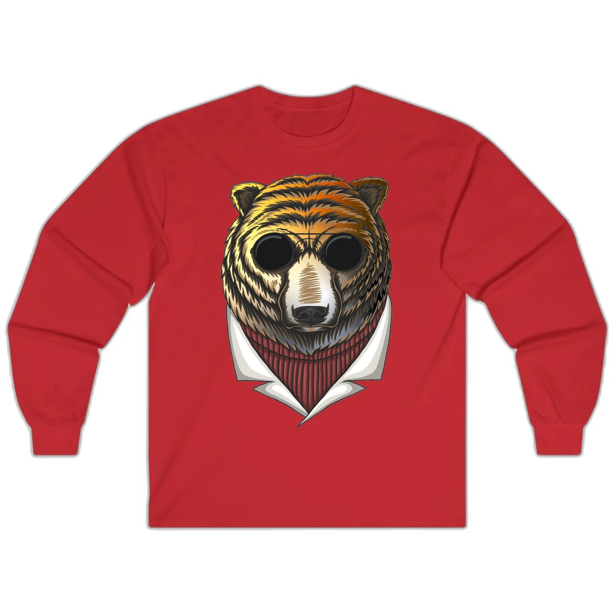 Cool bear wearing dark sunglasses and red knit sweater with white collar, stylized illustration with yellow, orange, and brown fur tones in Red
