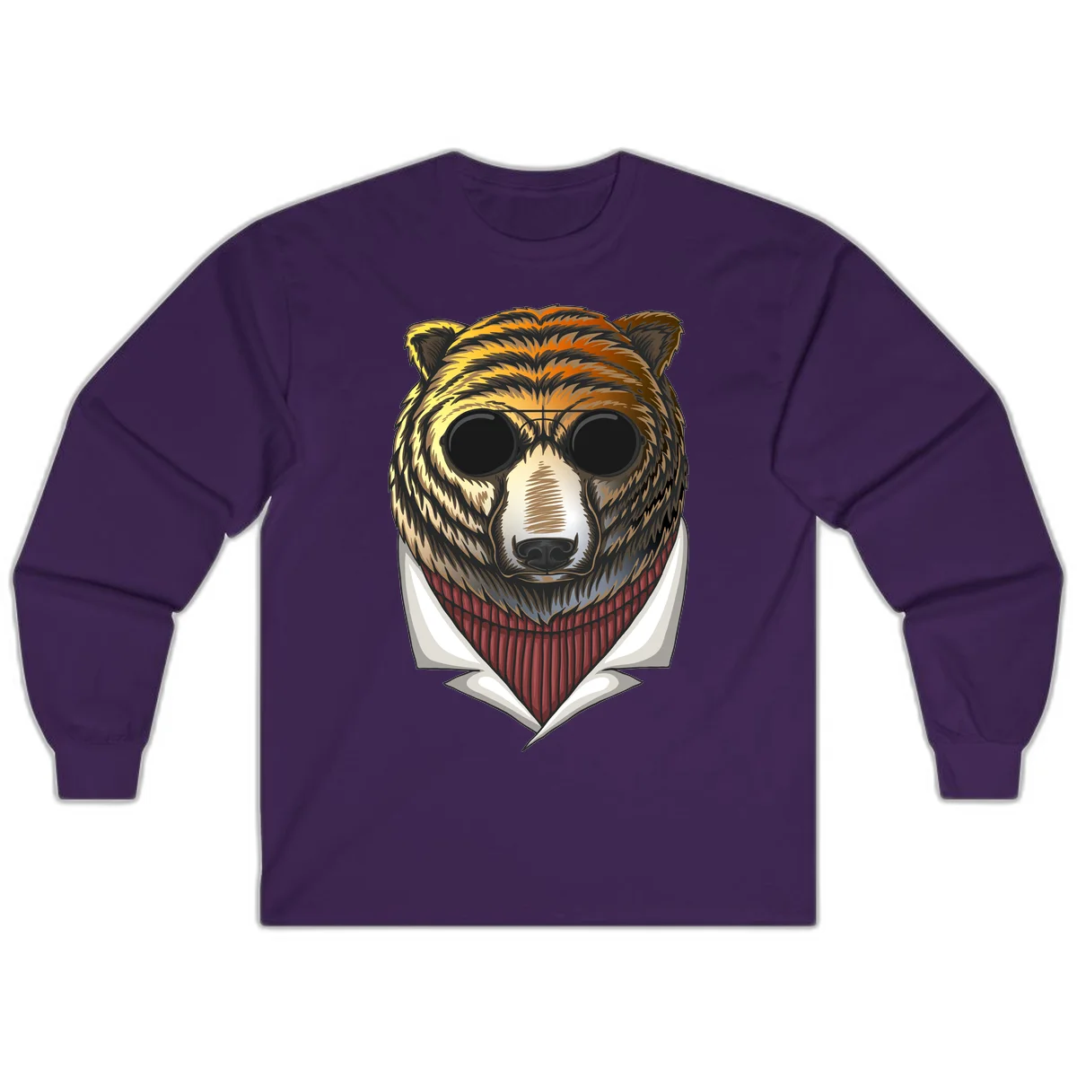 Cool bear wearing dark sunglasses and red knit sweater with white collar, stylized illustration with yellow, orange, and brown fur tones in Purple