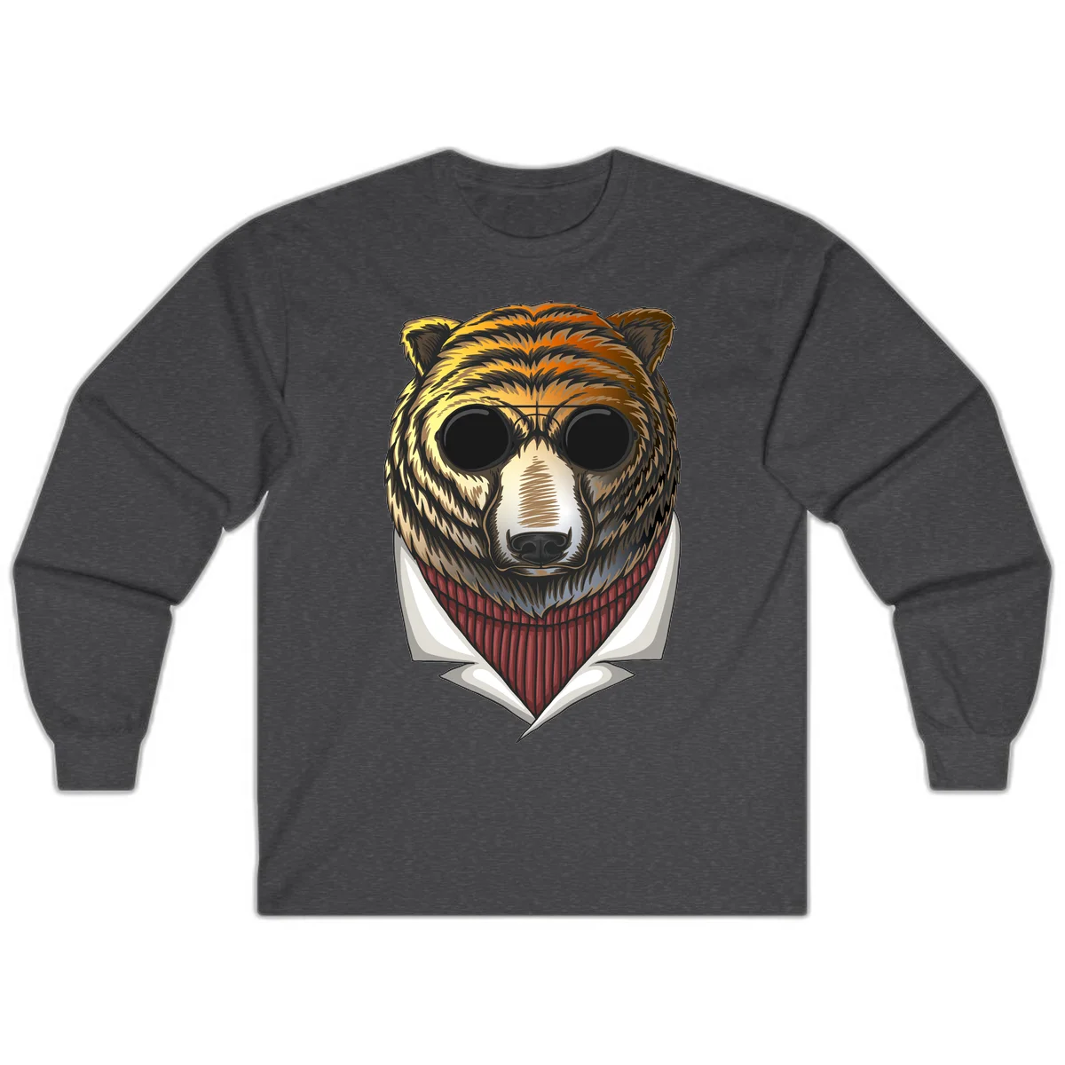 Cool bear wearing dark sunglasses and red knit sweater with white collar, stylized illustration with yellow, orange, and brown fur tones in Dark Heather
