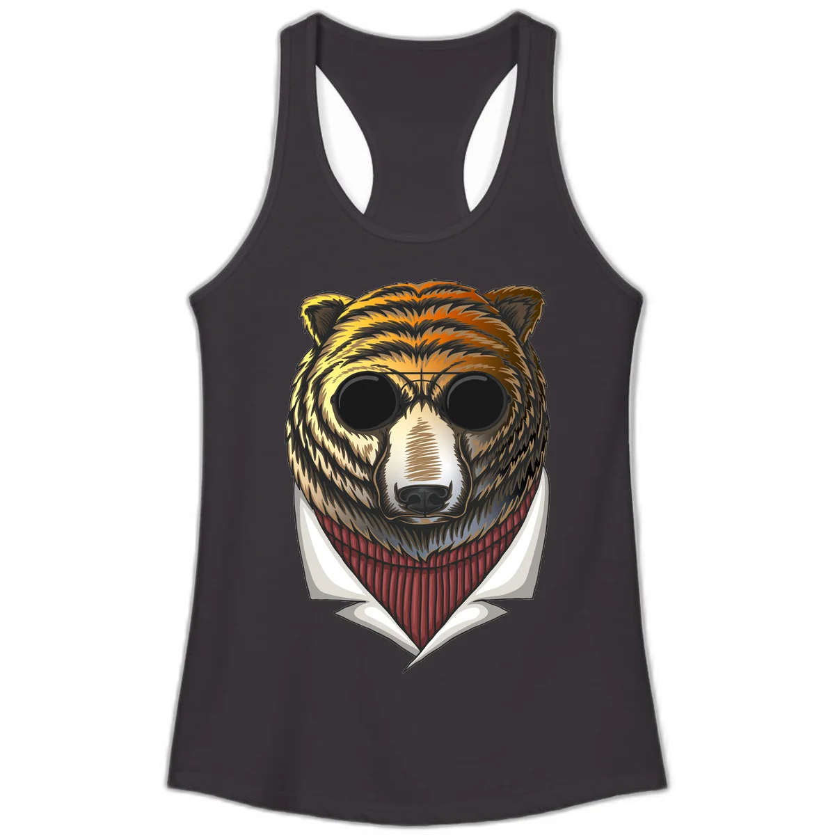 Cool bear wearing dark sunglasses and red knit sweater with white collar, stylized illustration with yellow, orange, and brown fur tones in Black