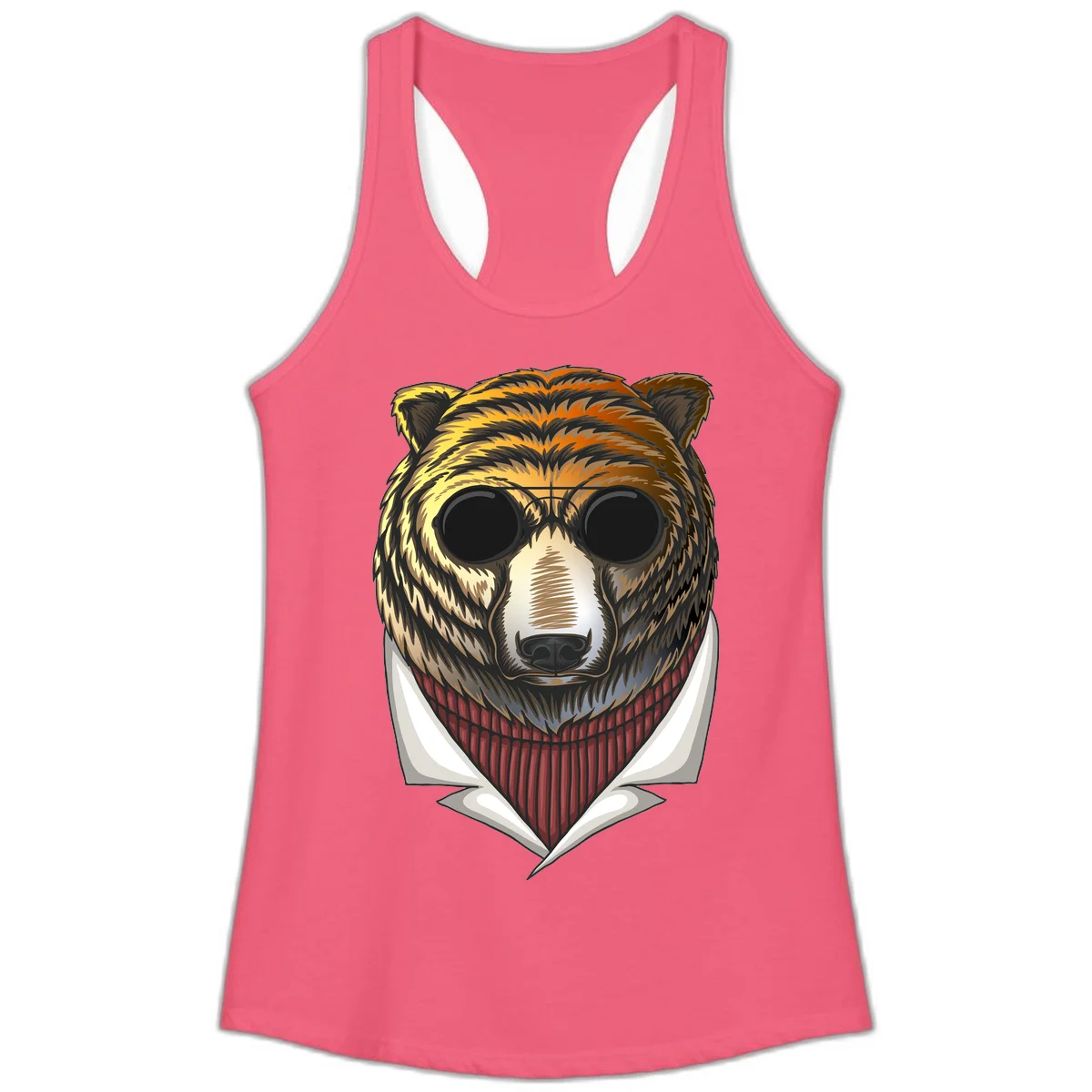 Cool bear wearing dark sunglasses and red knit sweater with white collar, stylized illustration with yellow, orange, and brown fur tones in Hot Pink