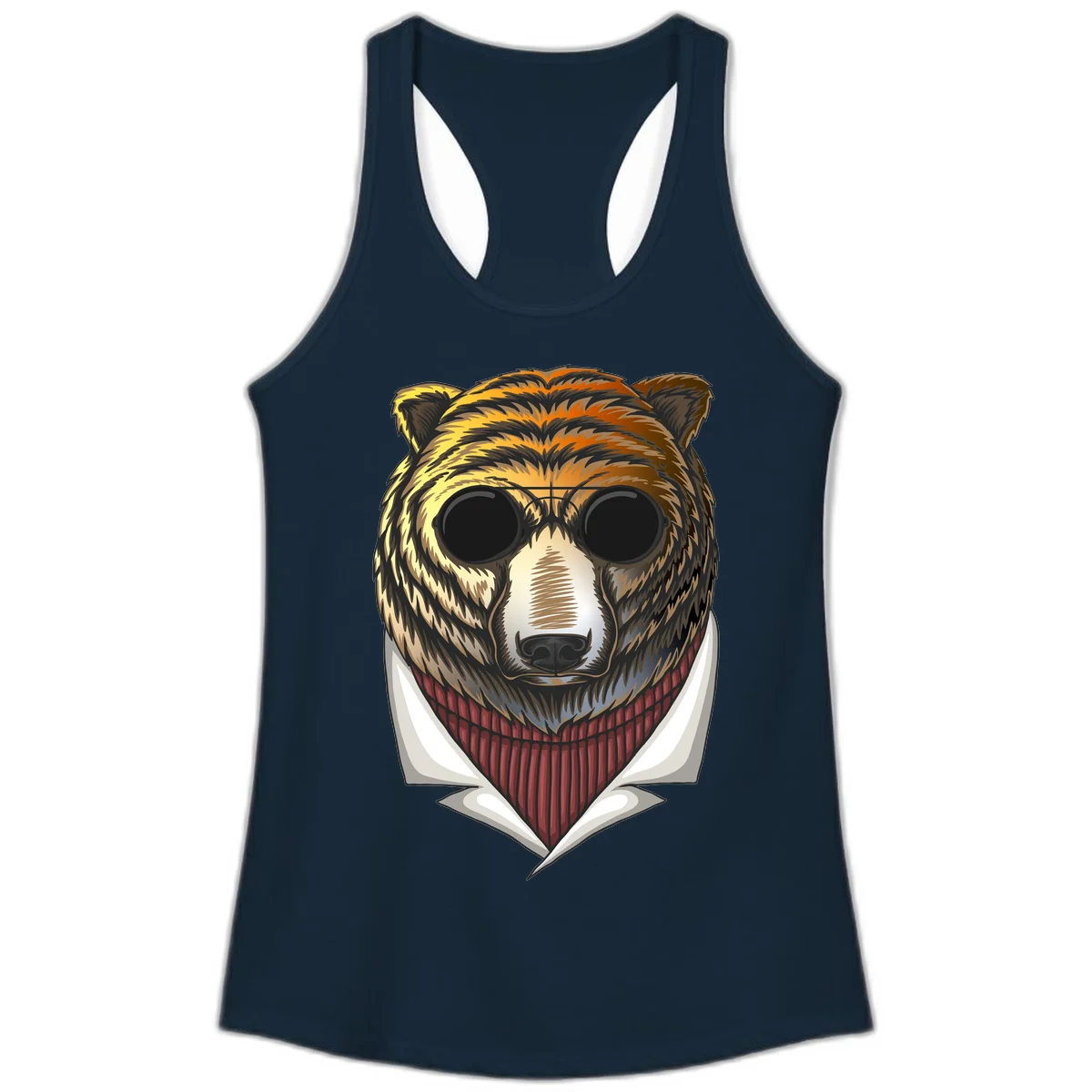 Cool bear wearing dark sunglasses and red knit sweater with white collar, stylized illustration with yellow, orange, and brown fur tones in Solid Midnight Navy