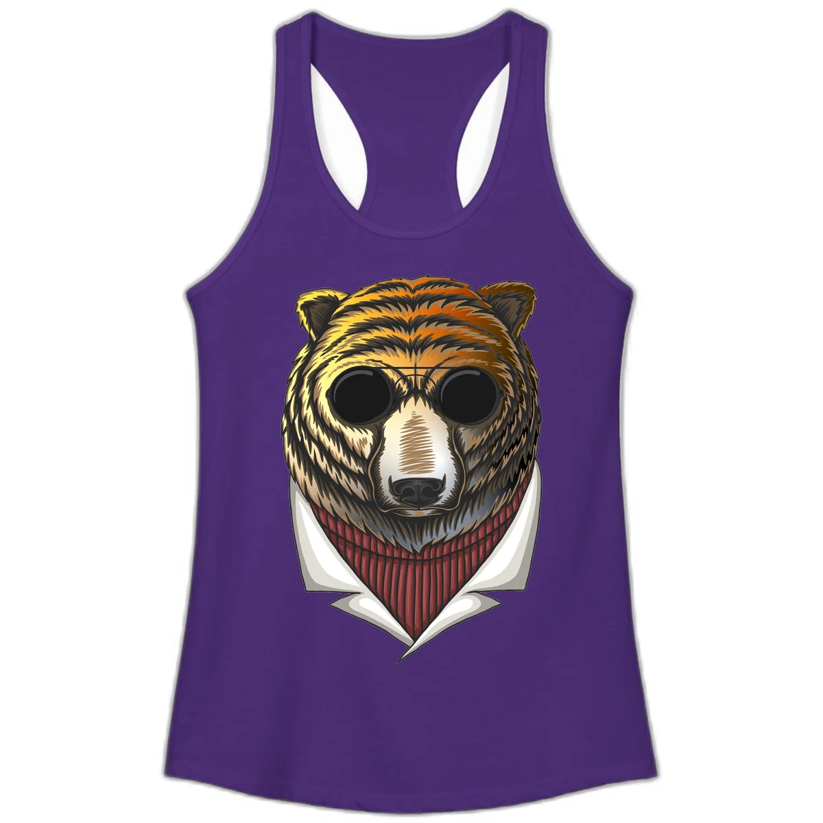 Cool bear wearing dark sunglasses and red knit sweater with white collar, stylized illustration with yellow, orange, and brown fur tones in Solid Purple Rush