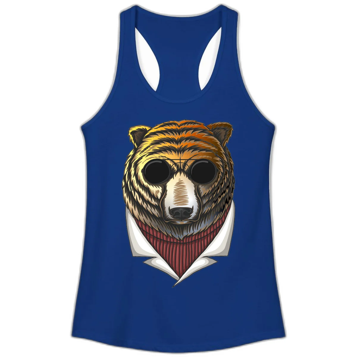 Cool bear wearing dark sunglasses and red knit sweater with white collar, stylized illustration with yellow, orange, and brown fur tones in Solid Royal