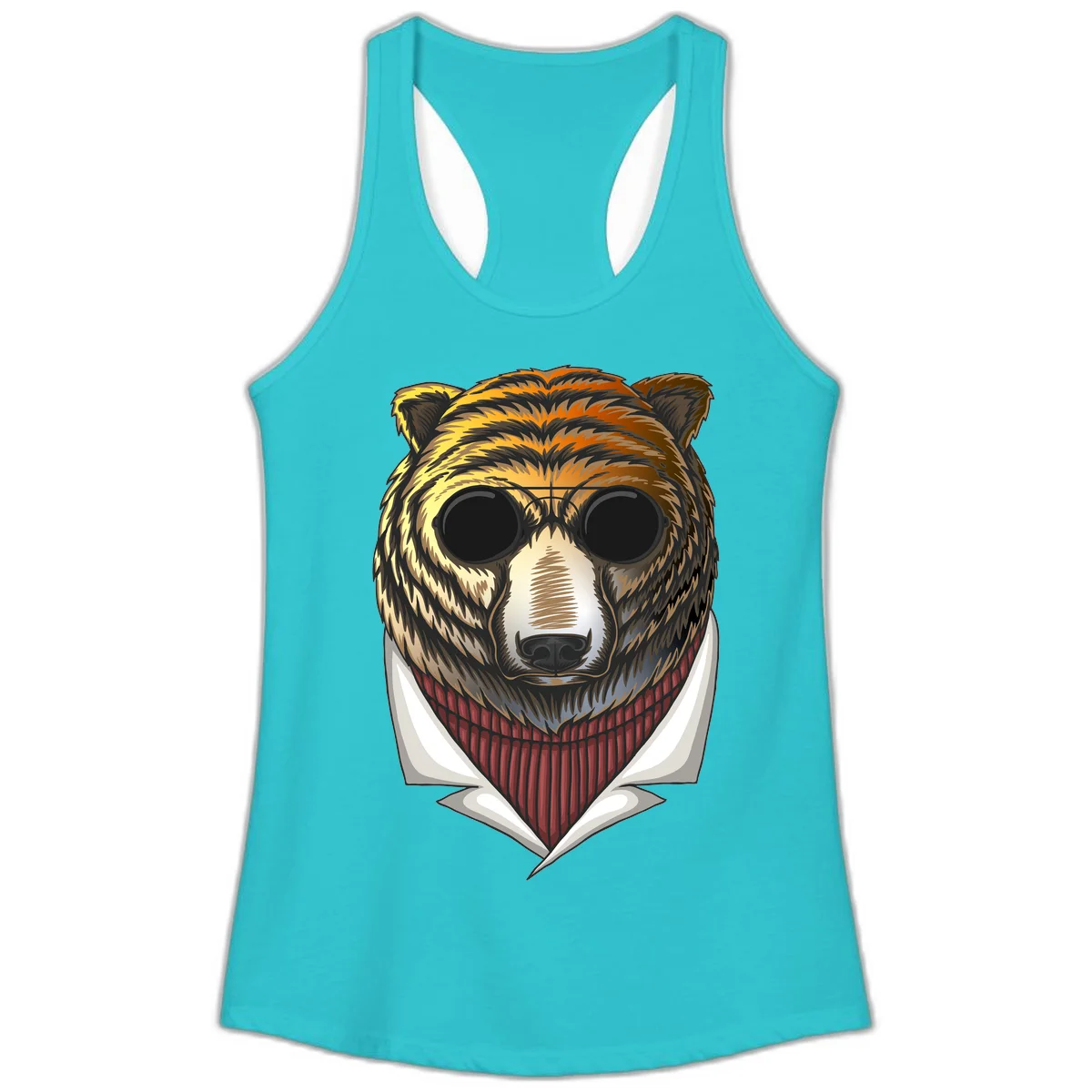 Cool bear wearing dark sunglasses and red knit sweater with white collar, stylized illustration with yellow, orange, and brown fur tones in Solid Tahiti Blue