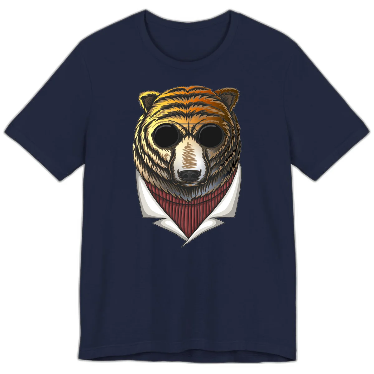 Cool bear wearing dark sunglasses and red knit sweater with white collar, stylized illustration with yellow, orange, and brown fur tones in Navy
